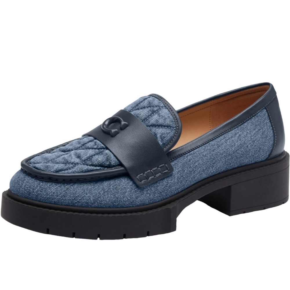 Coach Blue Quilted Denim Leather Trim Loafers